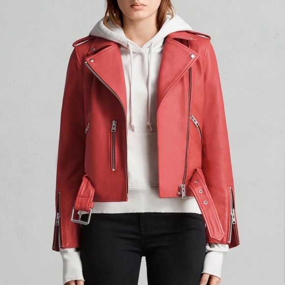 AllSaints Balfern Belted Coral Red Leather Biker Jacket Size 6 - Picture 3 of 16